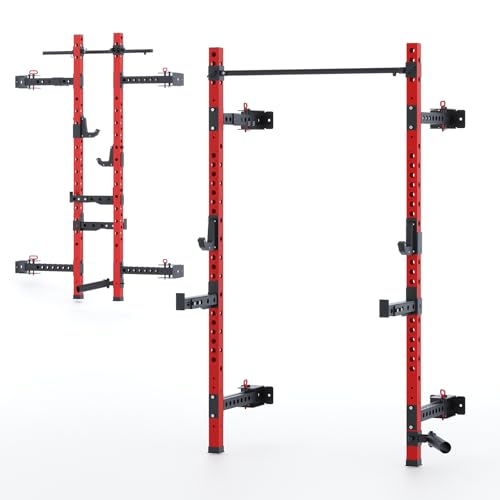 QSNSILK 2.36" x 2.36" Folding Squat Rack, Wall-Mounted Power Cage with Pull-up Bar, J-Hooks, Landmine, Spotter Arms, 1000LBS Capacity