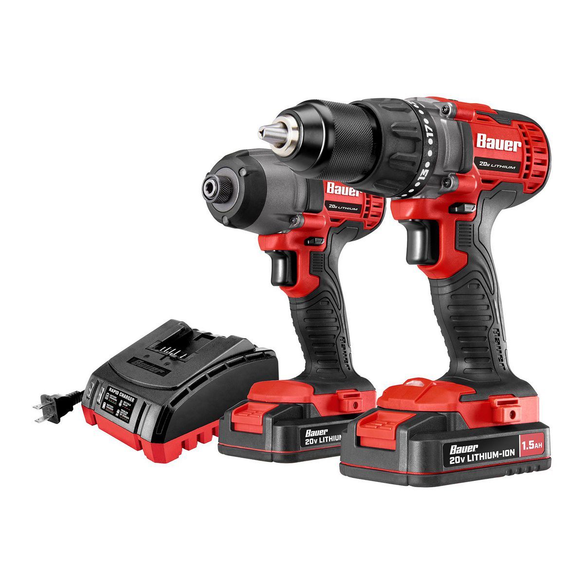 BAUER 20V, 2-Tool Cordless Drill and Impact Driver Kit with (2) 1.5 Ah Batteries and Charger