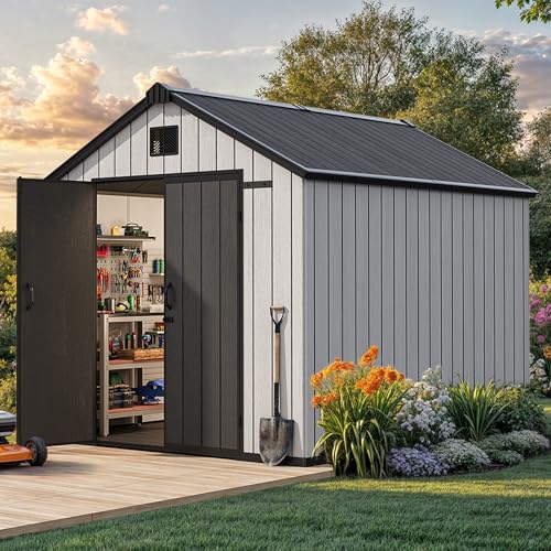 YITAHOME 8x10 FT Outdoor Storage Shed with Lockable Door, Large 544 Cuft Resin Shed with Floor Roof Windows Vents