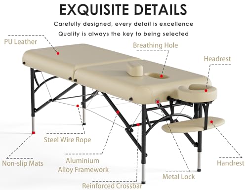 CLORIS 84" Professional Massage Table Portable 2 Folding Lightweight Facial Solon Spa Tattoo Bed Height Adjustable with Carrying Bag & Aluminium Leg