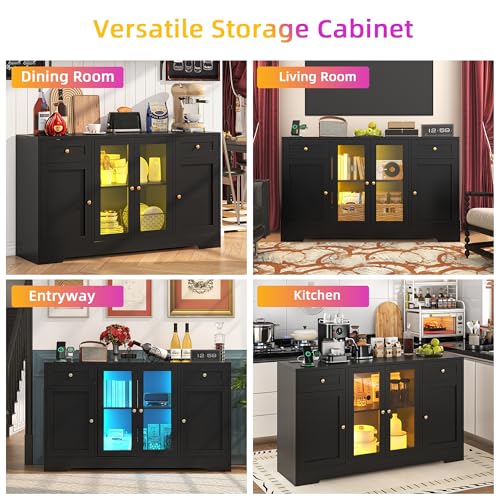 LED Coffee Bar Cabinet with Storage, 55'' Large Sideboard Buffet Cabinet, Wood Coffee Bar Buffet Table with 4 Doors and Charging Station