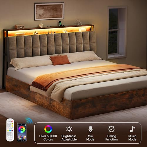 YITAHOME Queen Size Lift Up Bed with Charging Station & RGB LED Lights, PU Leather Upholstered Platform Storage Bookcase Headboard Bed