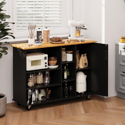 Shintenchi Rolling Kitchen Island Cart with Folding Drop Leaf Breakfast Bar, Portable Trolley Island with Large Storage Cabinet, Shelf and Drawer