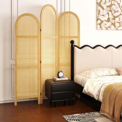 Room Divider and Folding Privacy Screens, Pine Wood 5.6 Ft Double Hinged Rattan Partition Freestanding Wall Room Divider for Home - 3 Panels