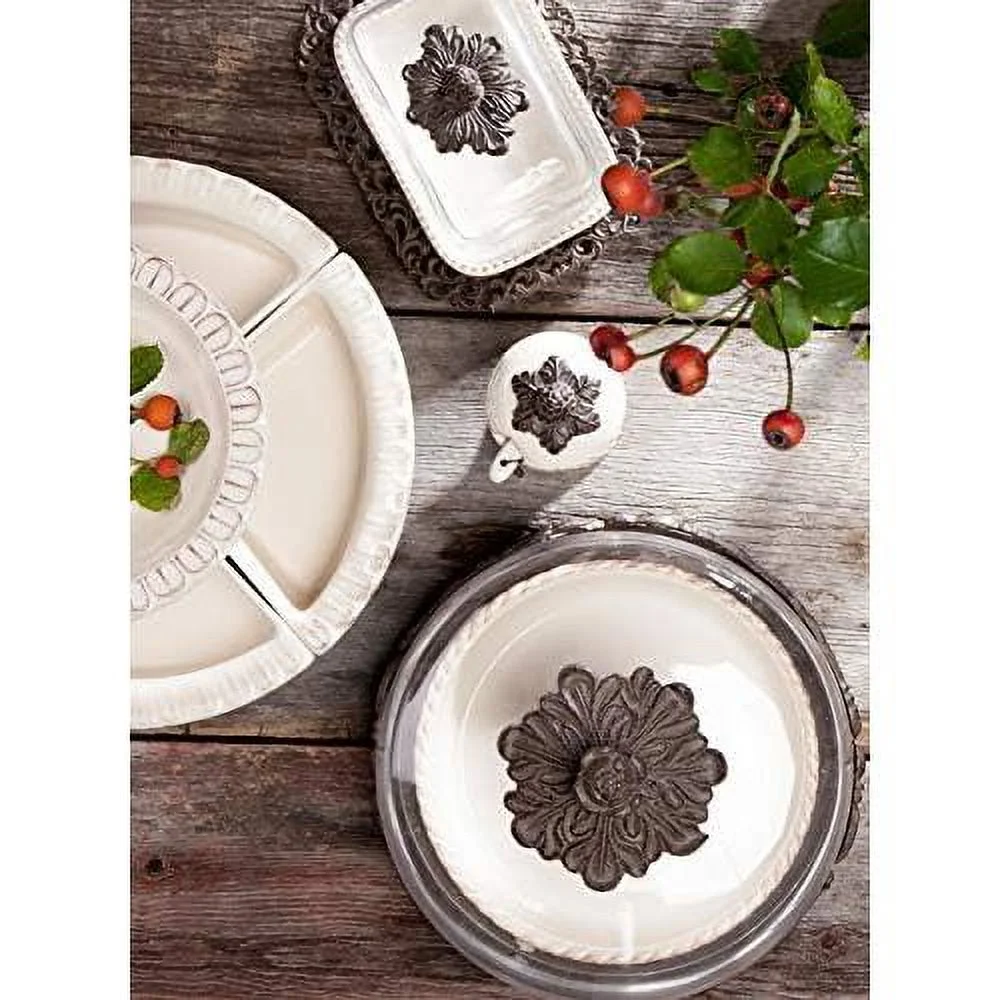 Cream Ceramic Butter Dish With Metal Work In Acanthus Leaf Design