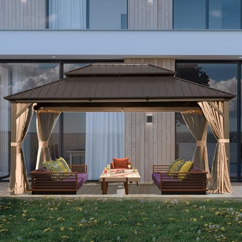 Domi 10' x 10' Hardtop Gazebo Outdoor Metal Gazebo with Galvanized Steel Double Roof Canopy, Curtains and Netting for Patio, Backyard, Deck