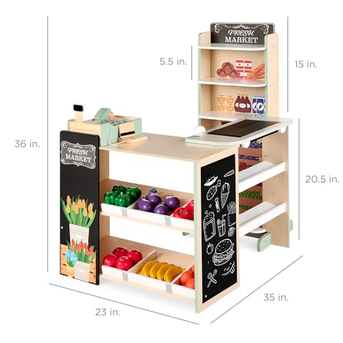 Best Choice Products Pretend Play Grocery Store Wooden Supermarket Toy Set for Kids w/Play Food, Chalkboard, Cash Register, Working Conveyor - Red