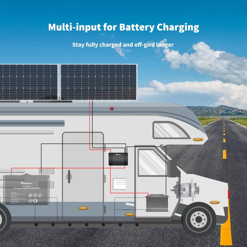 Renogy 12V 30A DC On-Board Input MPPT Battery Charger for Gel, AGM, and Lithium Batteries, Using Multi-Stage Charging, in RVs, Cars, Boats, Yachts