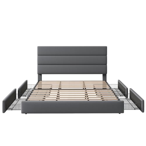 Allewie Modern Full Size Platform Bed Frame with 4 Storage Drawers and Velvet Upholstered Headboard, Wooden Slats Support
