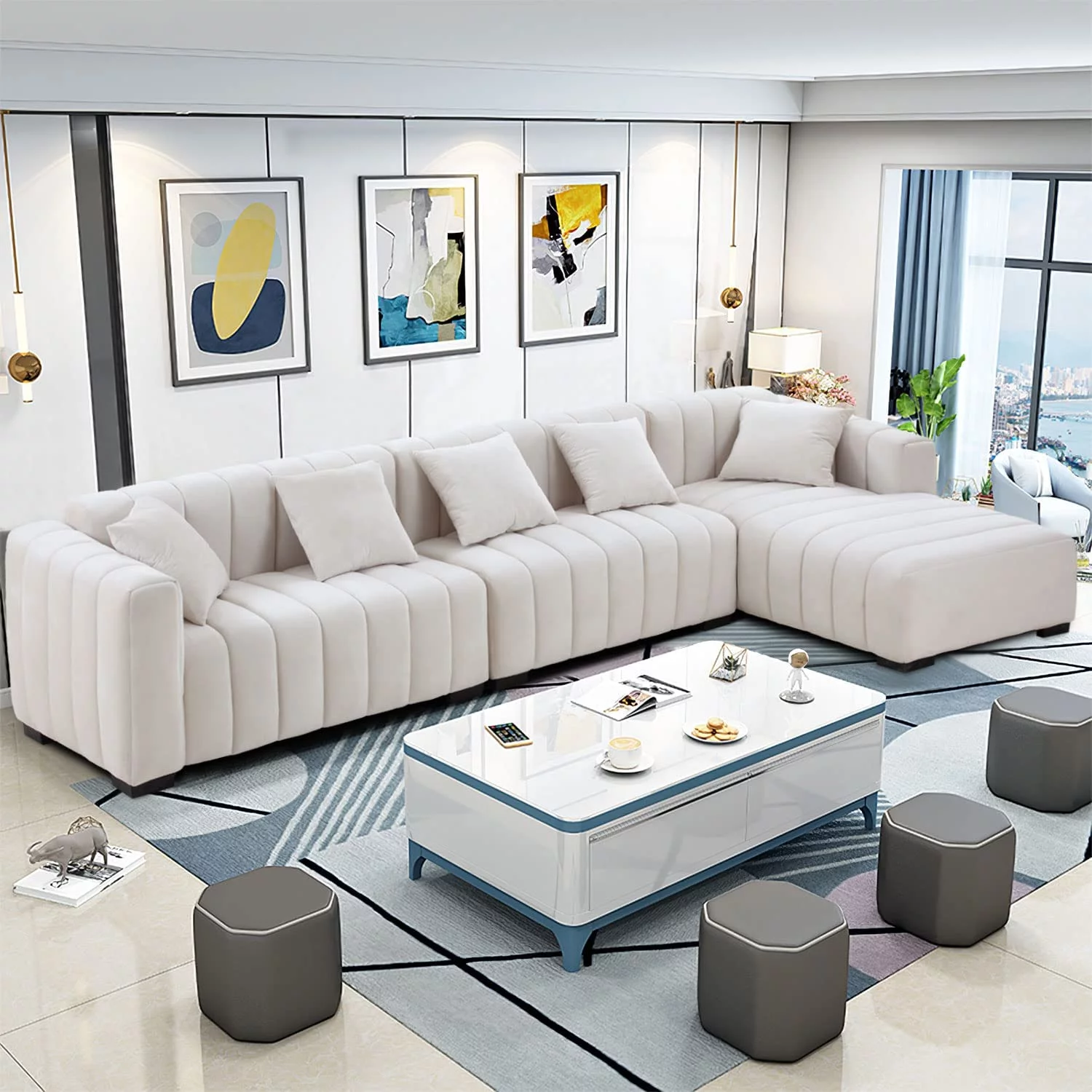 Williamspace 139" Sectional Sofa Couch for Living Room, Modern Luxury L Shaped Sofa with Ottoman