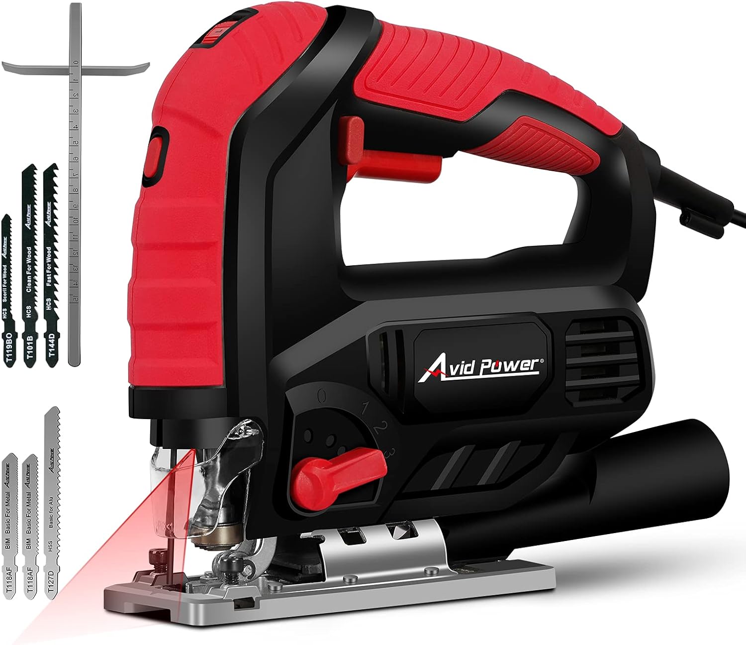 Jigsaw, AVID POWER 7.0A 3000 SPM Jig Saw with Variable Speed, Bevel Angle (0°-45°), 6PCS Blades and Scale Ruler