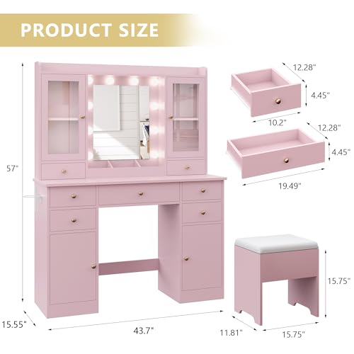 Makeup Vanity Desk with Mirror and Lights, White Vanity Table Set with Storage Drawers, Charging Station, Cabinets & Chair