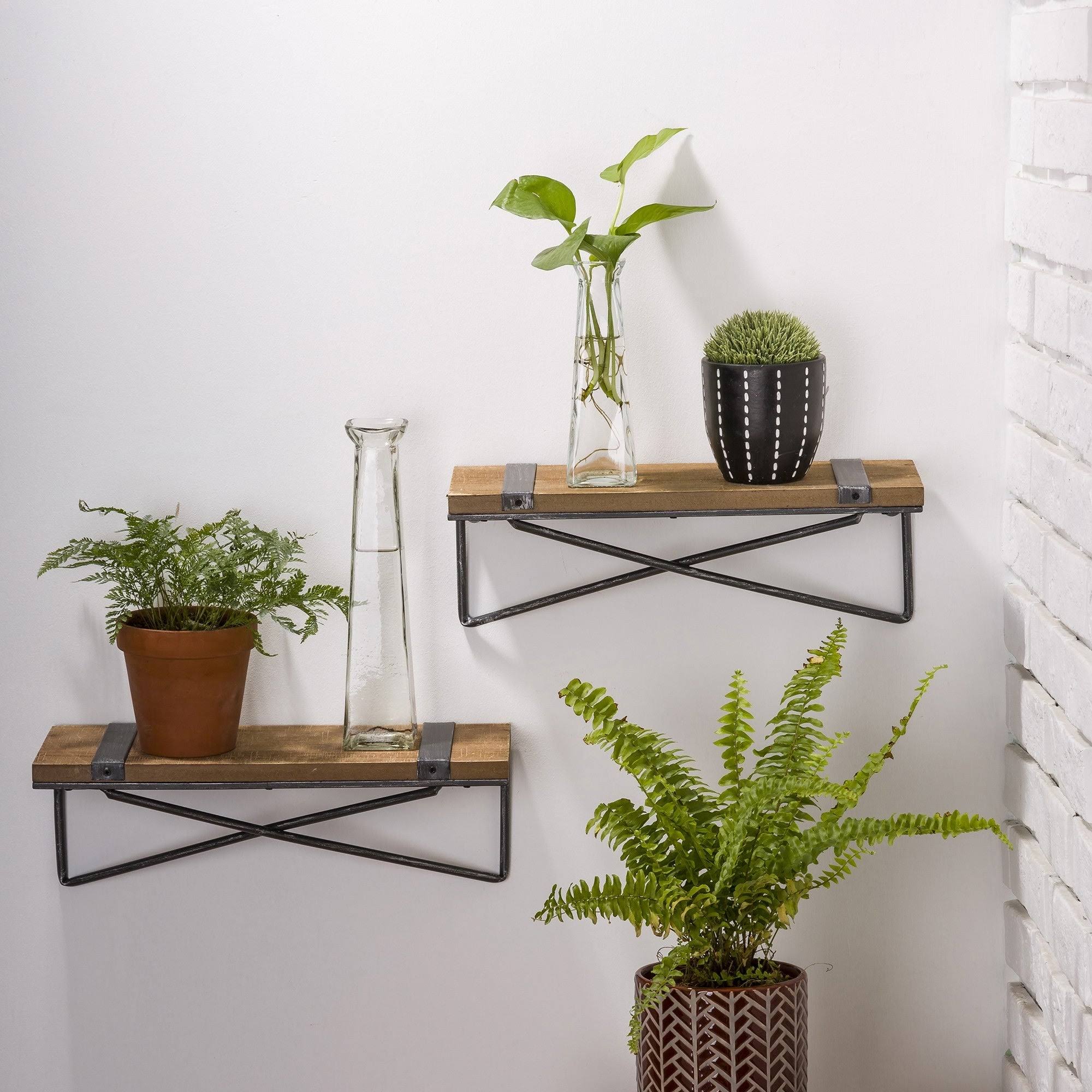 Glitzhome Farmhouse Rustic Metal Wooden Wall Shelf Set of Two - Large and Small