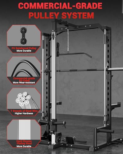 Smith Machine Home Gym with Barbell Bar, Cable System, Lat Pulldown Attachments, Safety Spotter Arms, J Hooks, Landmine