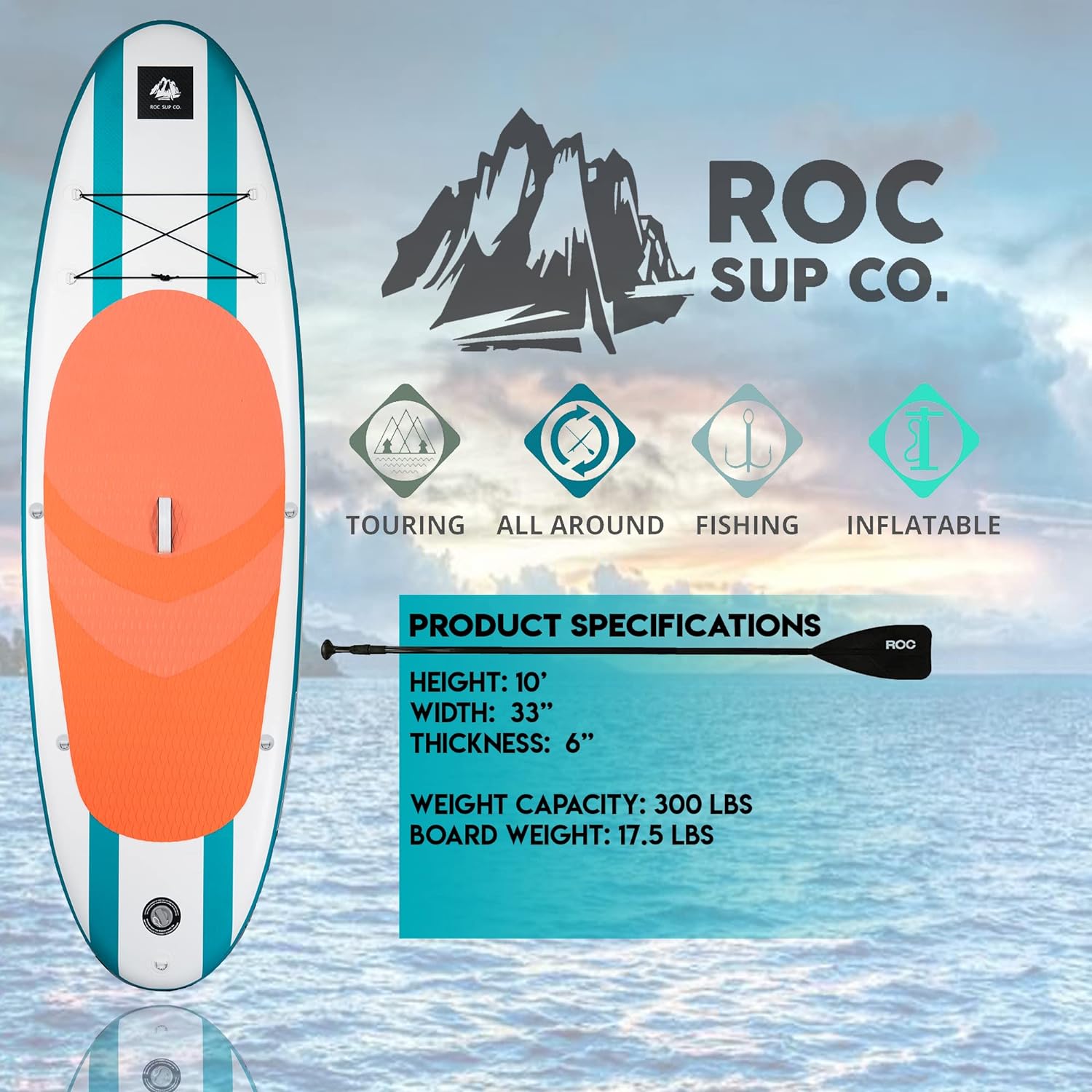 Roc Inflatable Stand Up Paddle Boards with Premium SUP Paddle Board Accessories, Wide Stable Design, Non-Slip Comfort Deck for Youth & Adults