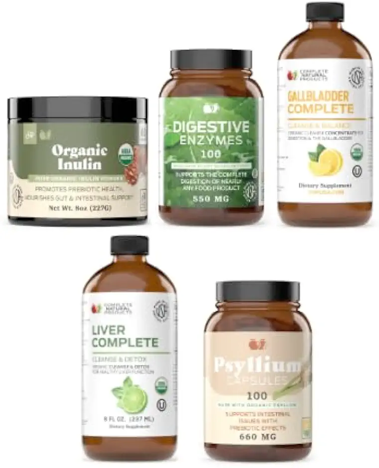 Inulin Powder 8oz, Digestive Enzymes 100 Capsules, Gallbladder Complete 8oz, Liver Complete 8oz & Whole Psyllium Husk Powder 100 Capsules Bundle