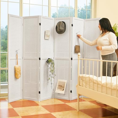 Room Divider Freestanding Folding Pegboard Privacy Screen | 4-Panel Display Stand for Jewelry, Craft Shows, Retail | Natural Wood