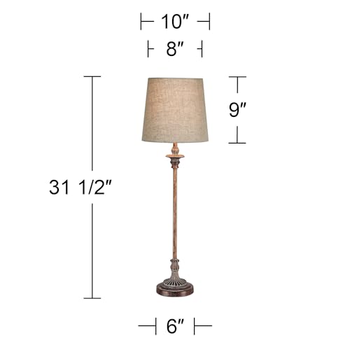 Regency Hill Bentley Traditional French Country Style Buffet Table Lamps 31.5" Tall Skinny Set of 2 Weathered Brown Ridged Linen Fabric Tapered Drum