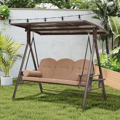 YOLENY Oversized Outdoor Porch Swing with Hardtop, 3 Seat Patio Swing with 2 Side Cup Holder, 3-in-1 Convertible Backrest Swing Bed with Cushion
