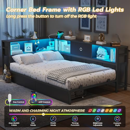 DICTAC Corner Full Bed Frame with Bookcase Storage and Led Lights Full Size Metal Platform Bed Frame with Storage Drawers & Charging Station Full