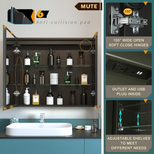 20 x 28 Inch LED Lighted Bathroom Medicine Cabinet with Sockets & USBs, Defogger, Dimmable, 3 Color Light Makeup Mirror, Easy to Install