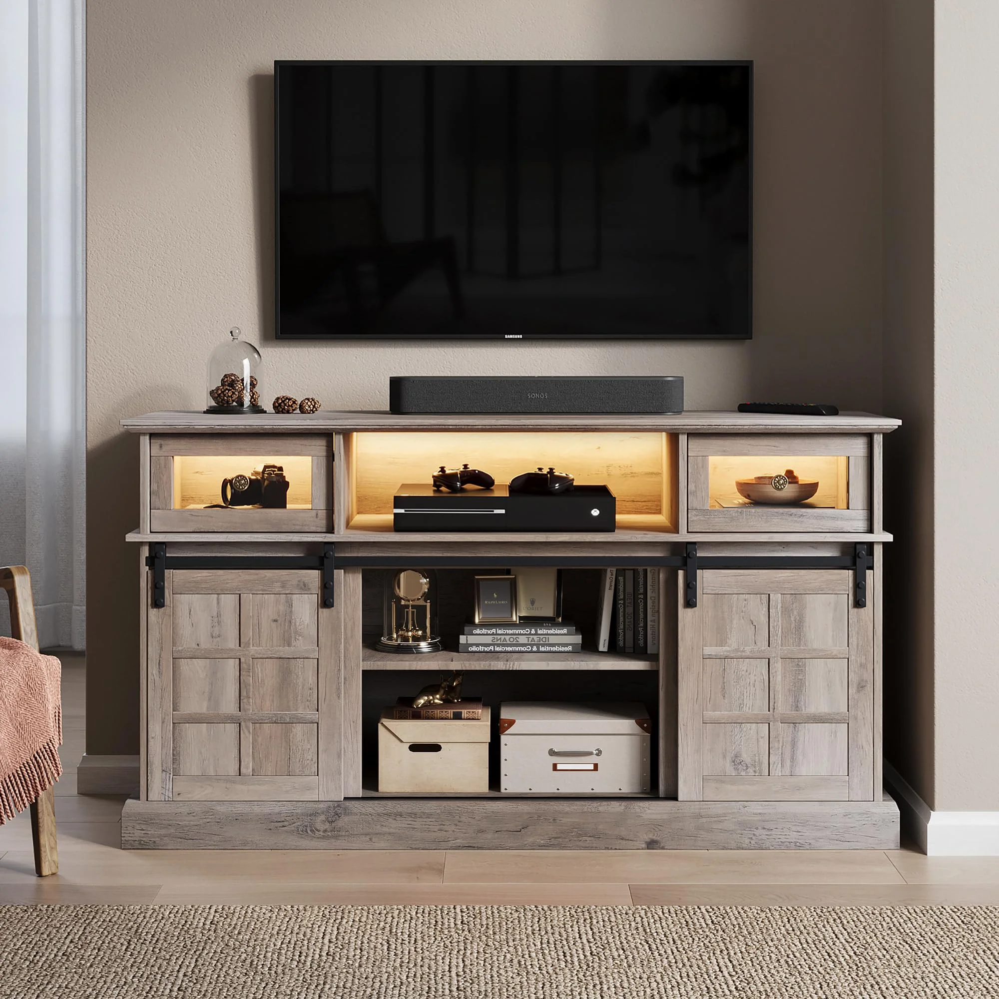 LGHM TV Stand, LED Light Entertainment Center for TVs Up to 65" with Storage Cabinet for Living Room, Bedroom,Gray