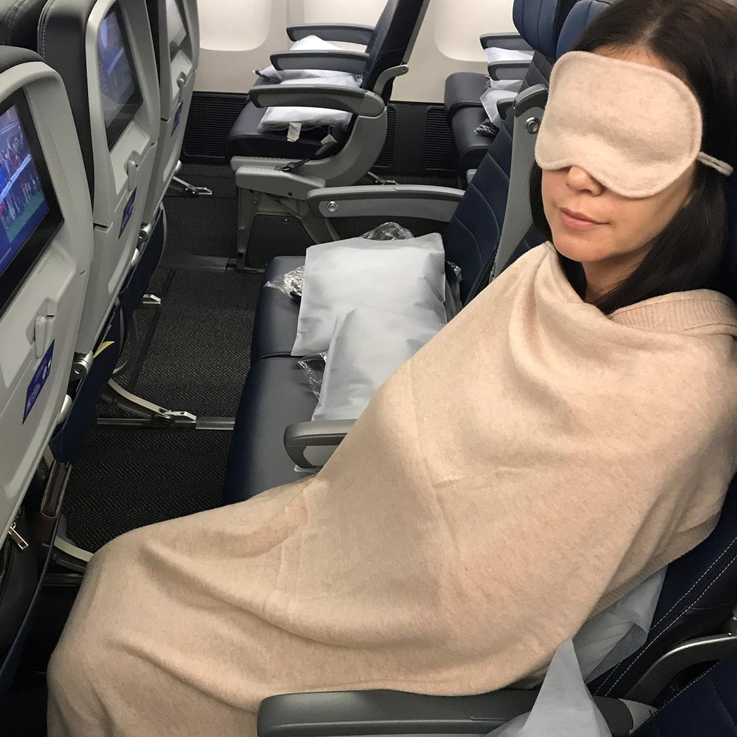 Jet&Bo 100% Pure Cashmere Travel Set: Blanket, Eye Mask, Socks, Carry/Pillow Case Natural