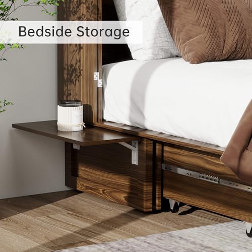 Murphy Bed Queen, Murphy Bed Cabinet with Charging Station, Large Storage Drawer and Shelves for Home Office or Guest Room, Warm White