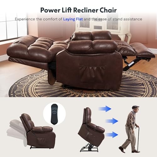 FLEXISPOT XL31 Power Lift Recliner Chair for Elderly, Electric Lift Chair with Massage & Heat, PU Leather Reclining Sofa w/Cup Holders