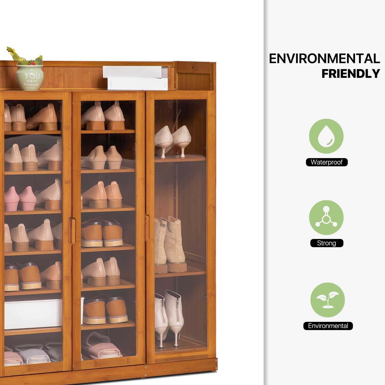 Magshion 9 Tier Bamboo Shoe Cabinet with Acrylic Doors & Tall Compartments for Narrow Closet, Hallway, Living Room