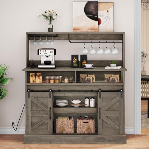 YITAHOME 47" Coffee Bar with Goblet Holder & Power Outlet, Buffet Cabinets with Storage