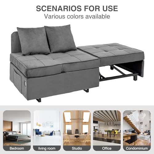 Sofa Bed 4-in-1 Convertible Pull Out Couch, Velvet Love seat Couch Sleeper Chair Bed with 2 Throw Pillow
