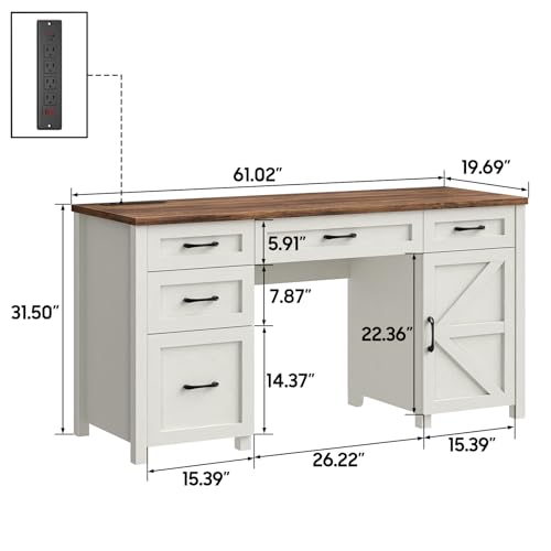 Farmhouse 61'' Executive Desk with 5 Drawers, Rustic Office Desk Computer Desk with Charging Station, File Drawers and Storage Cabinet