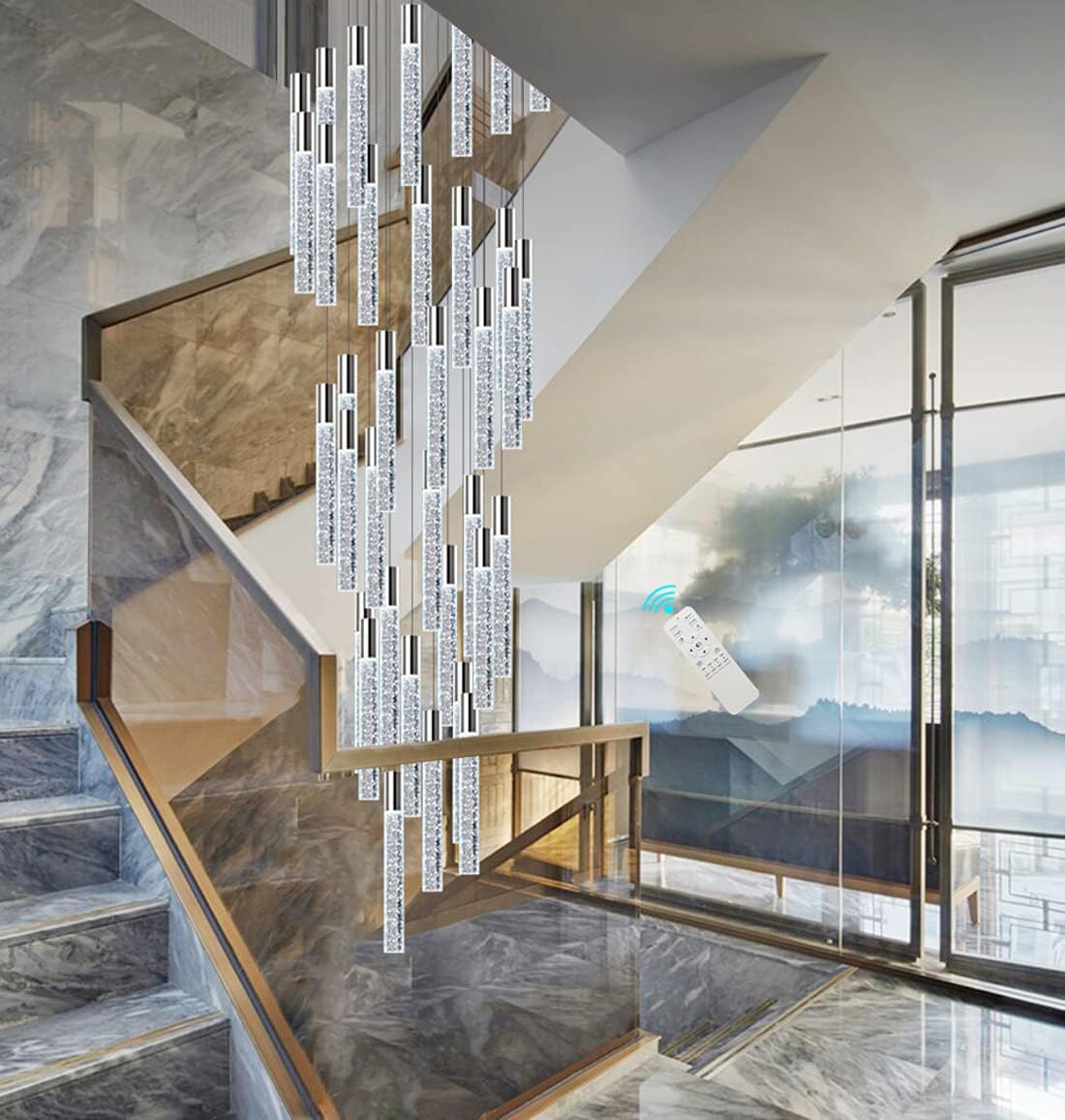 H118 24-Lights High Ceiling Chandelier Silver Chrome Light Modern Dimmable Light Fixtures Foyer Chandelier Light Pendant Lighting Ceiling Crytstal