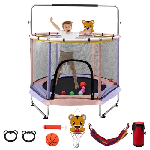 Trampoline for Kids, 5FT Adjustable for Toddler, Indoor/Outdoor Baby Trampoline with Enclosure Net, No-Gap Safe Design, Gifts for Boys & Girls