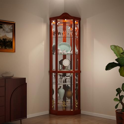 Dolonm Corner Curio Cabinet, Corner Display Cabinet, Curio Cabinet with Doors, Adjustable Shelves, Light (Included), Corner Liquor Cabinets