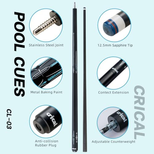 CRICAL Carbon Fiber Pool Cue Stick 58" Billiard Cue Sticks Professional Low Deflection Pool Sticks with 3/8 * 8 Pin Joint and 12.5mm Tip