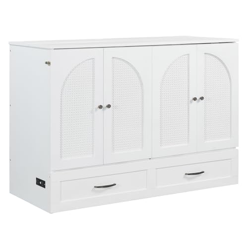 Harper & Bright Designs Queen Size Murphy Bed Cabinet Wall Bed Chest with USB, Charging Station and Large Storage Drawer for Home Office (White)