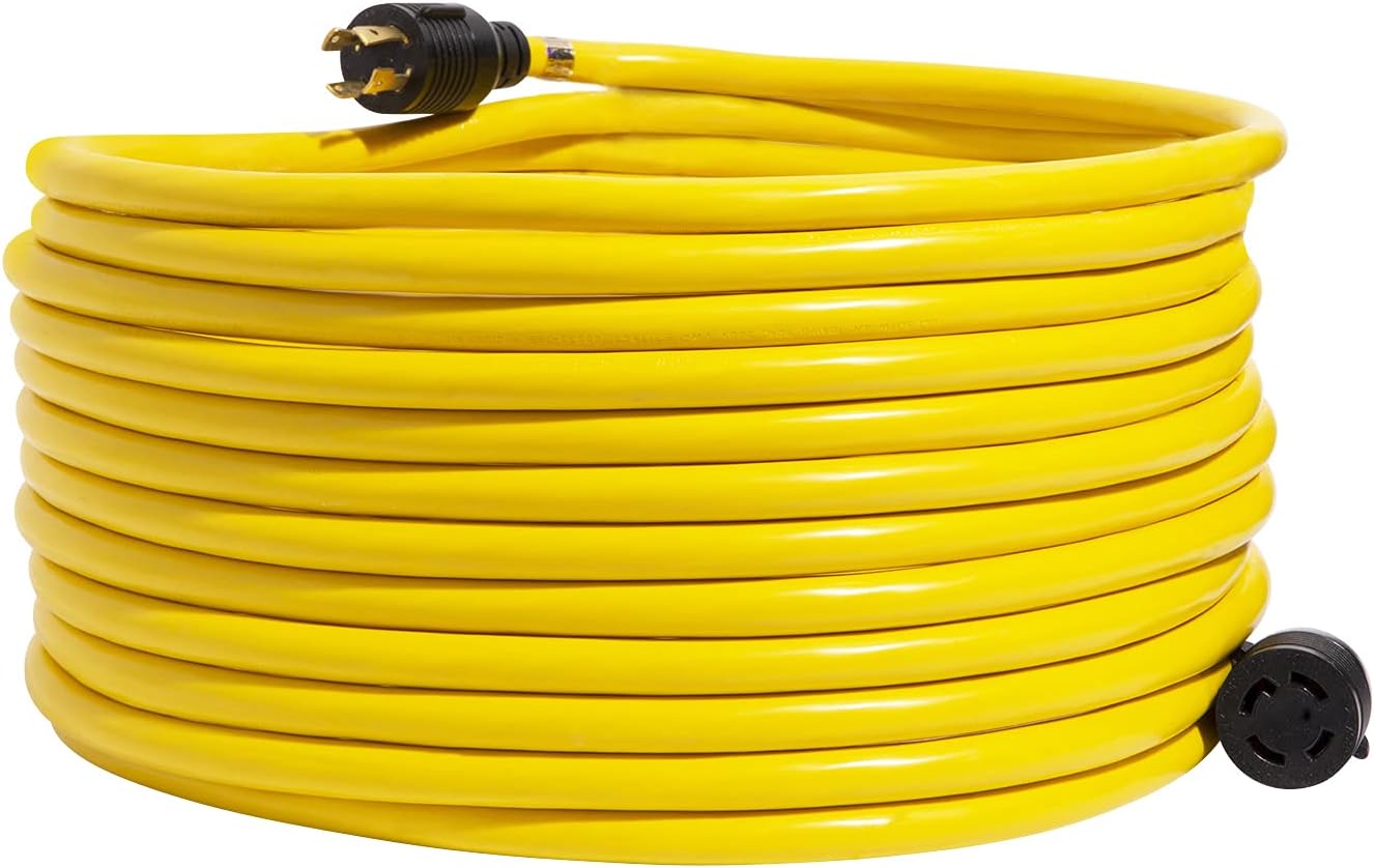 Houseables Generator Cord 30 Amp 4 Prong, Generators Extension, 50 Ft, 125-250v, 7500 watt max Rating, UL CUL, NEMA L-14-30P, Rubber, 10 Gauge