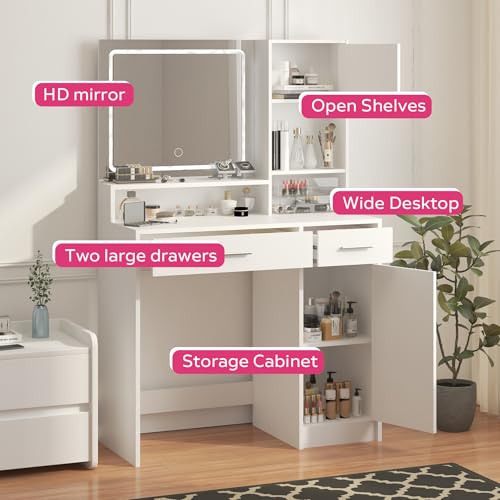 Vanity Desk with Mirror and LED Light Strip,Dressing Table with Large Drawer, 3 Level Storage Dresser & 3 Lighting Modes Adjustable Brightness