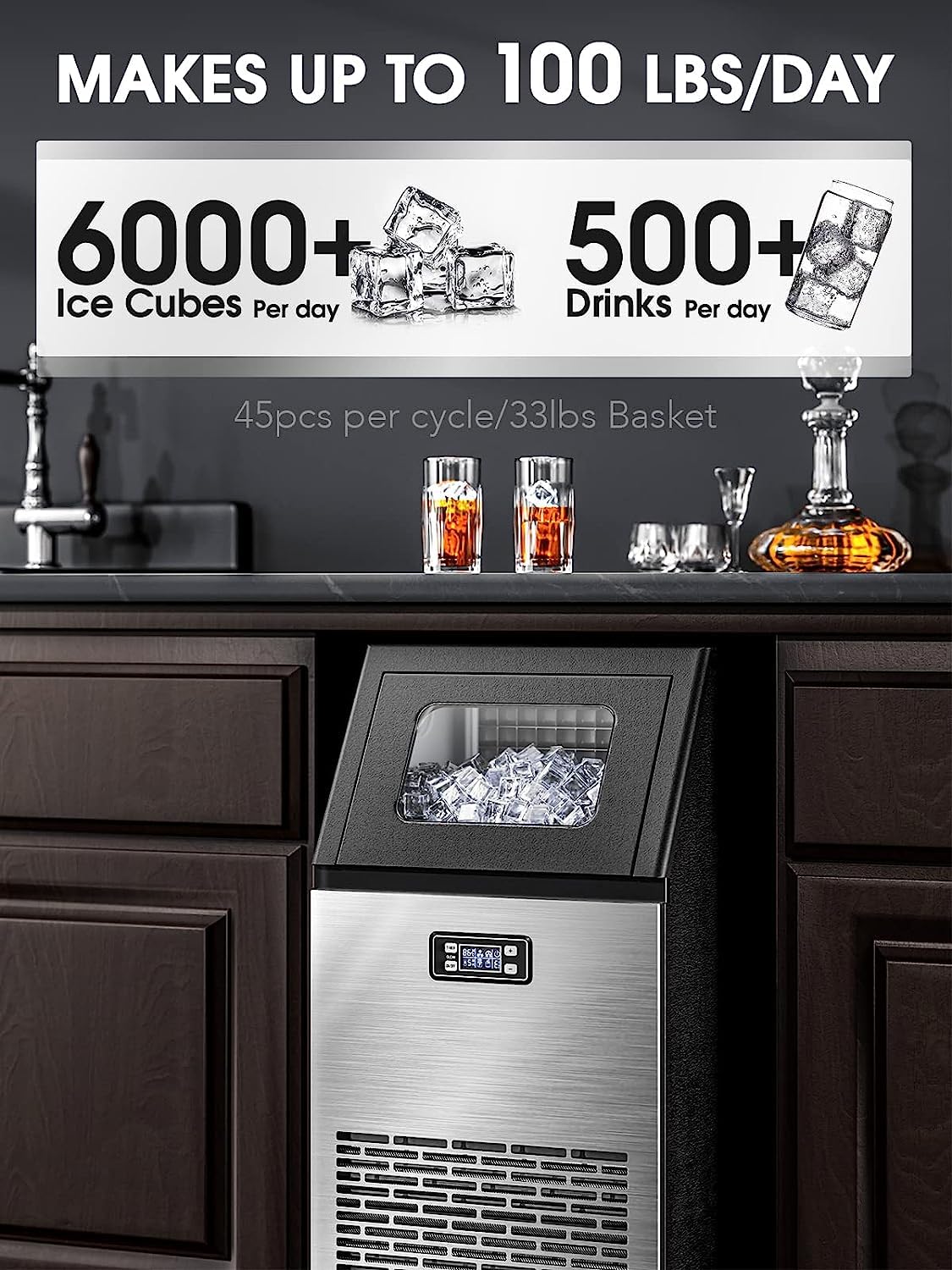 Joy Pebble Commercial Ice Machine,100 lbs/Day, Under-Counter Commercial Ice Maker with 24 Hour Timer,Ice Thickness Control