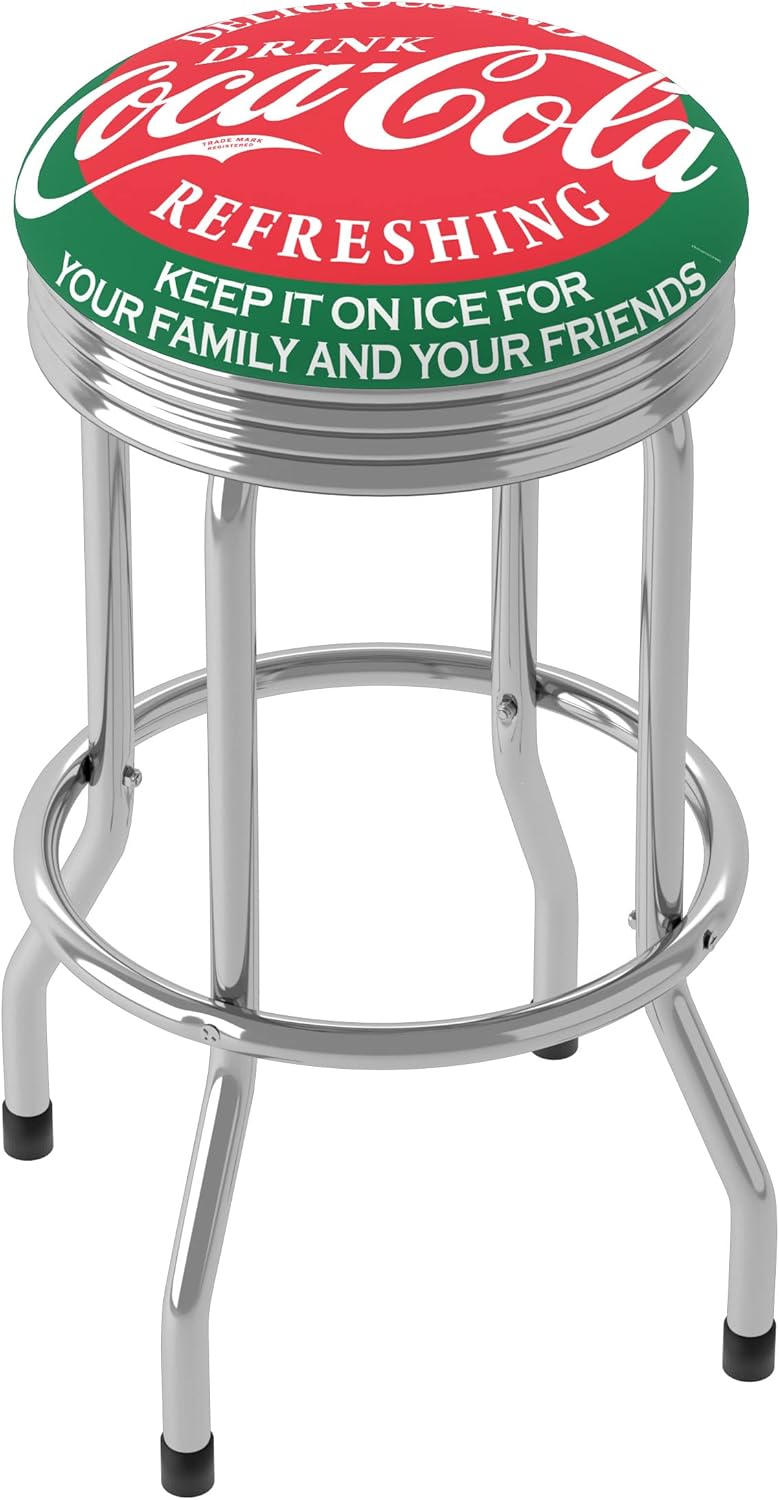 Bar Stool - Coca-Cola Ice Cold Bottle Stool with Retro Chrome Ribbed Side - Swivel Chair for Game Room, Garage, or Home Bar by Trademark Gameroom