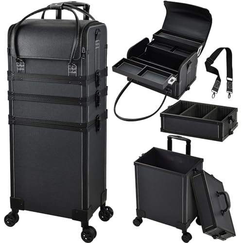 Costravio Rolling Makeup Case 5 IN 1 Cosmetology Case on Wheels Makeup Organizer Travel Case with Shoulder Strap for Makeup Artists Nail Tech School