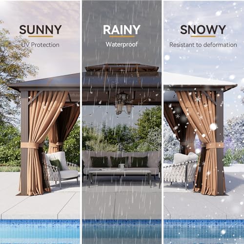 Aoxun 12'x16' Hardtop Gazebo, Aluminum Frame Permanent Pavilion with Netting and Curtains, Outdoor Polycarbonate Double Roof Canopy