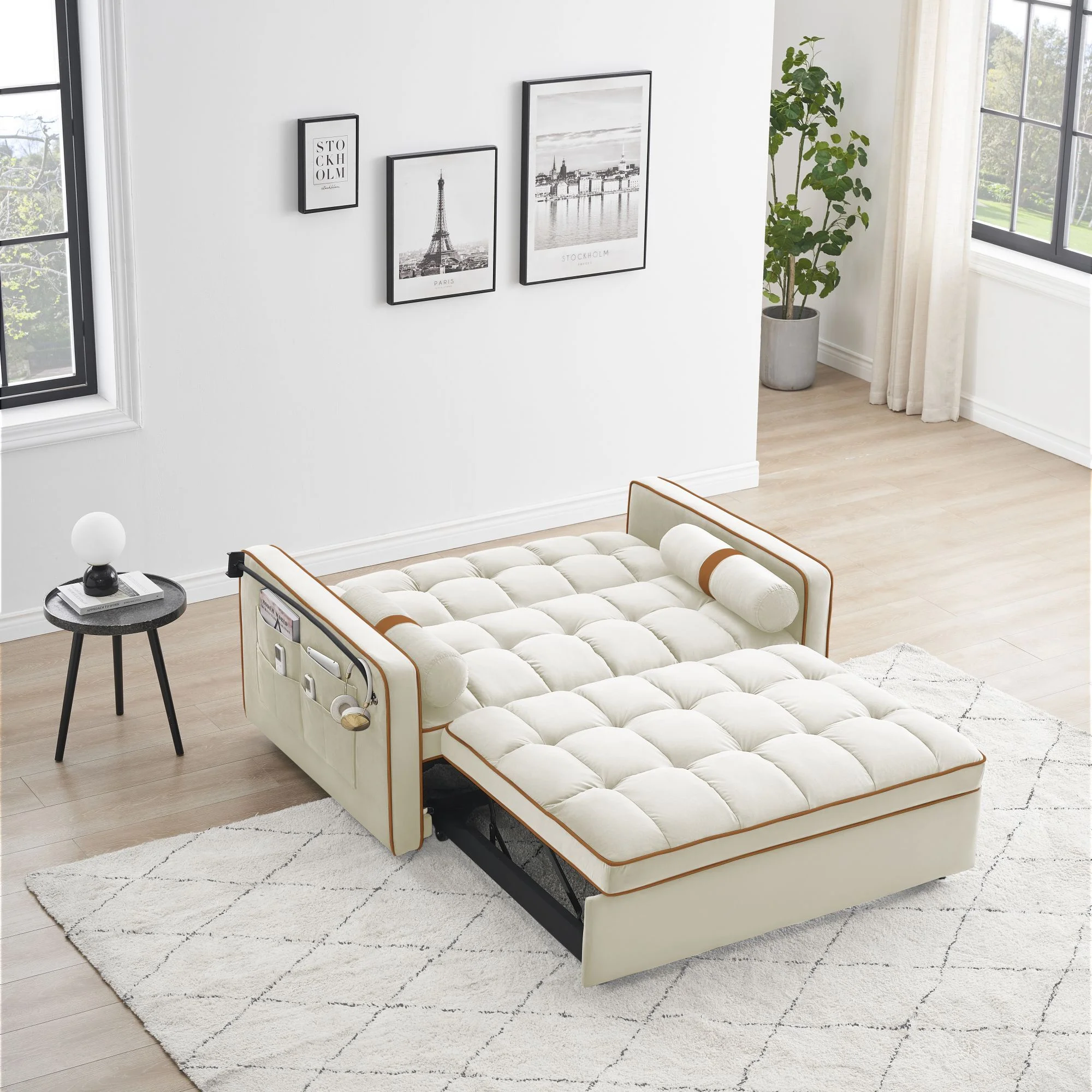 DEALTOPS 3 in 1 Sofa Bed, 55" Loveseat Sleeper with Two Pillows & Phone Stand, White
