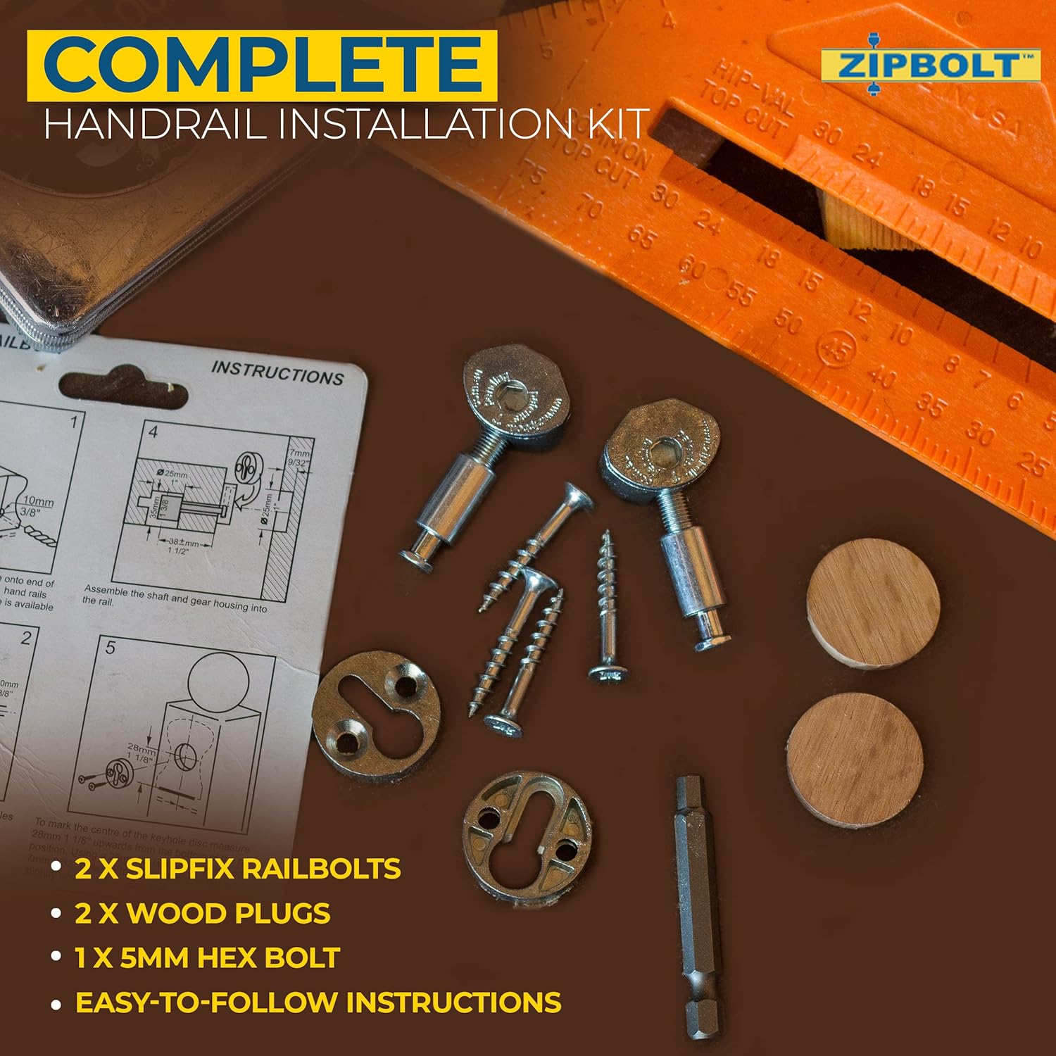 Zipbolt 13.810 Slipfix Railbolt - Staircase Handrail or Banister to Newel Post Connector - 5 Pack
