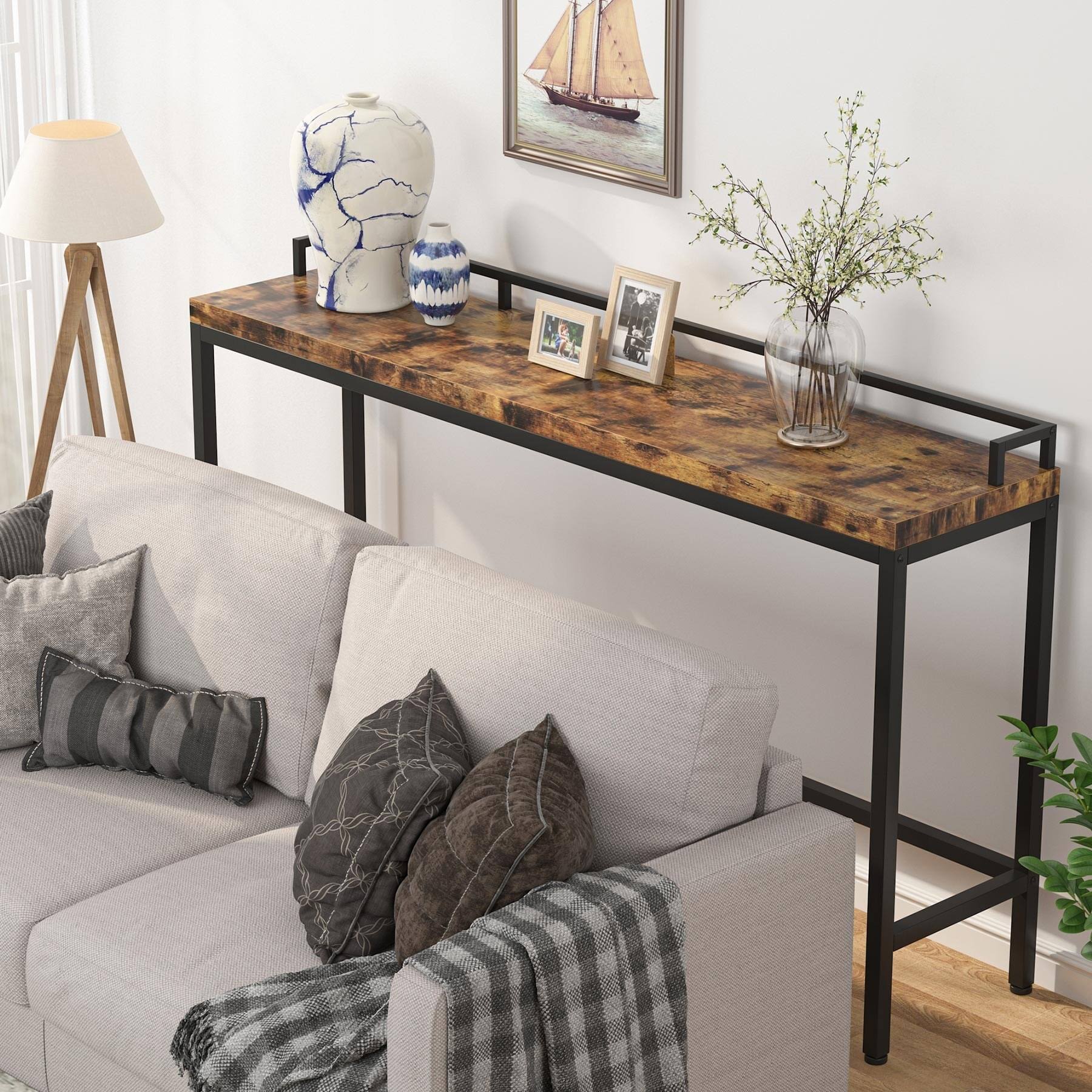 Narrow Sofa Couch Table, Long Console Table, Entrance Table, Bar Dining High Table - Brown