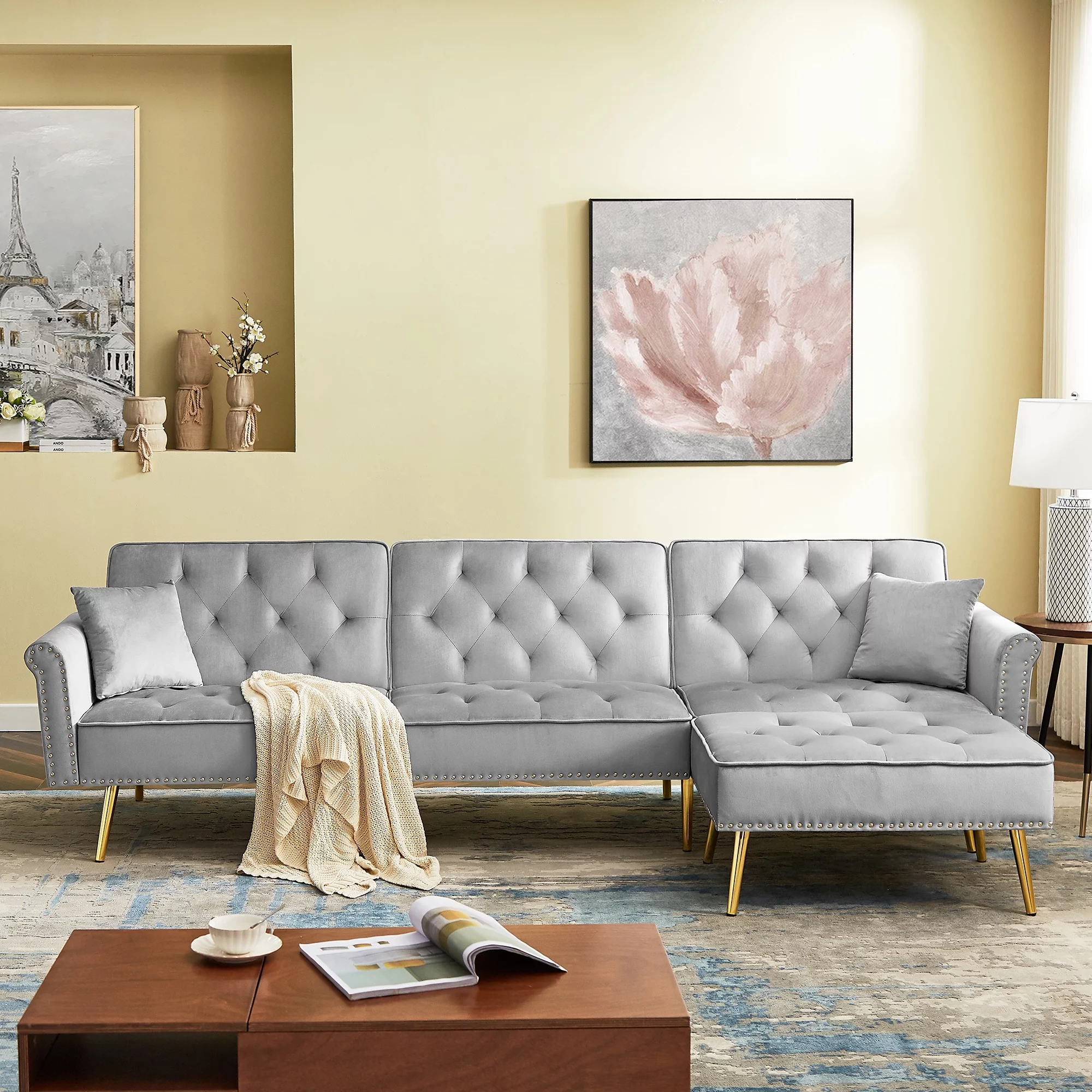 Dcenta Modern Upholstered Reversible Sectional Sofa Bed , L-Shaped Couch with Movable Ottoman and Nailhead Trim For Living Room. (Light Grey)