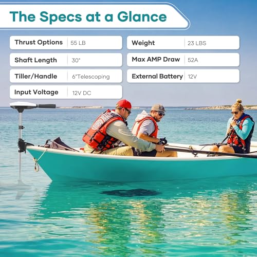 55lb Thrust Trolling Motor 8 Speed Electric Outboard Motor Kayak Motor with Adjustment 6-inch Extendable Handle, 30'' Shaft Length, LED Indicator