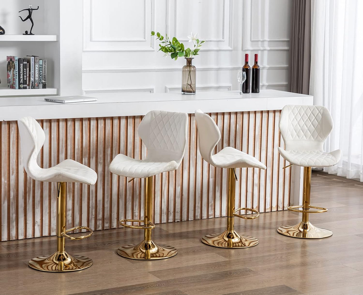 Lei Yu Adjustable Bar Stools Set of 4 Modern Velvet Swivel Bar Stools with Gold Stable Metal Frame Padded Island Chairs with Back and Footrest for